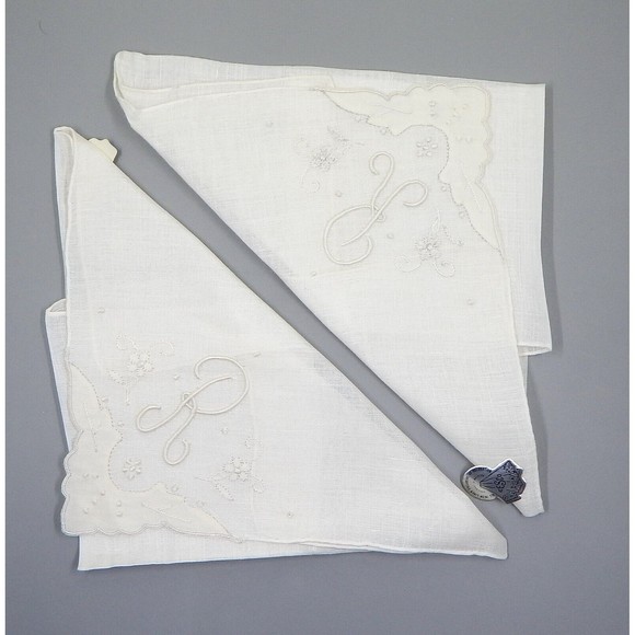 Desco Irish Linen Handkerchief Bridal Hanky Made in Madeira Monogram R Set of 2 - Picture 1 of 12